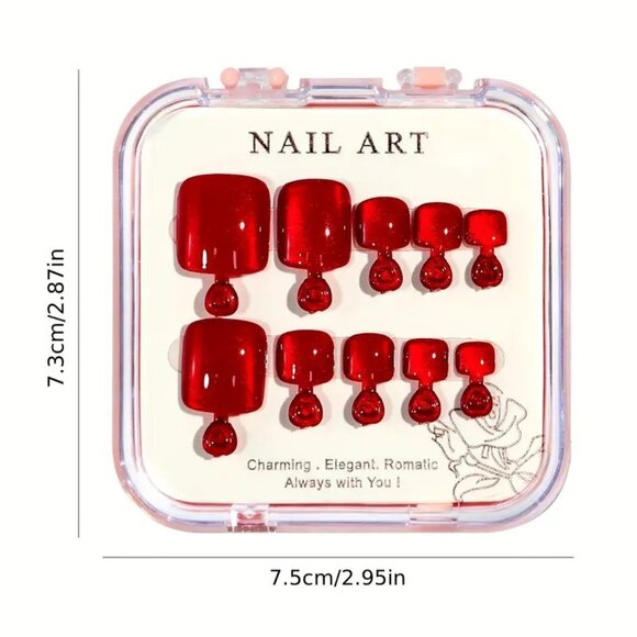Nails Red Press On 24 Toenails Fake Glossy Tredy Stylish Glam Reusable Sexy Fun - Picture 3 of 5